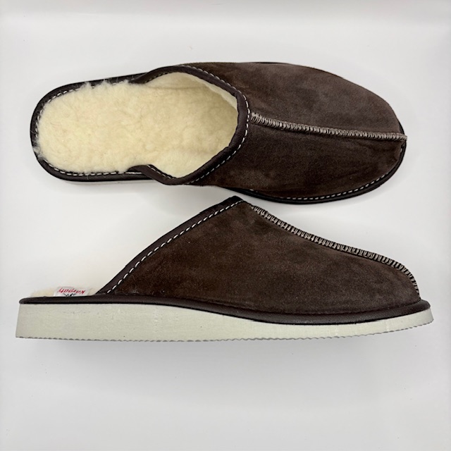Kapcie męskie skórzane wełna ciemny brąz - zdjęcie 2