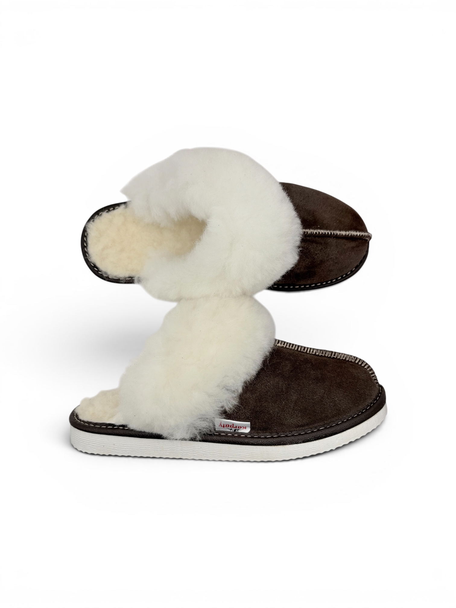 Kapcie zdobione skórą owczą ciemny brąz - zdjęcie 2