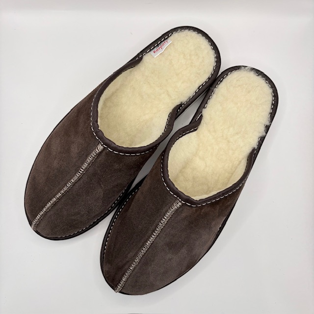 Kapcie męskie skórzane wełna ciemny brąz